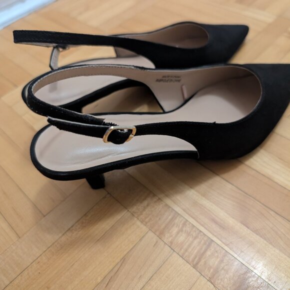 SLINGBACK BLACK ELEGANT SHOES KITTEN HEELS - Picture 2 of 6